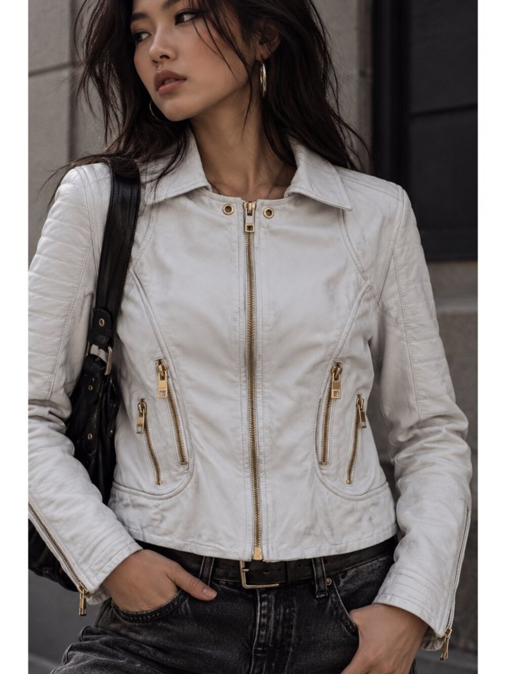 PRÜNE Women's Genuine Leather Moto Jacket White Gold Zippers Size L